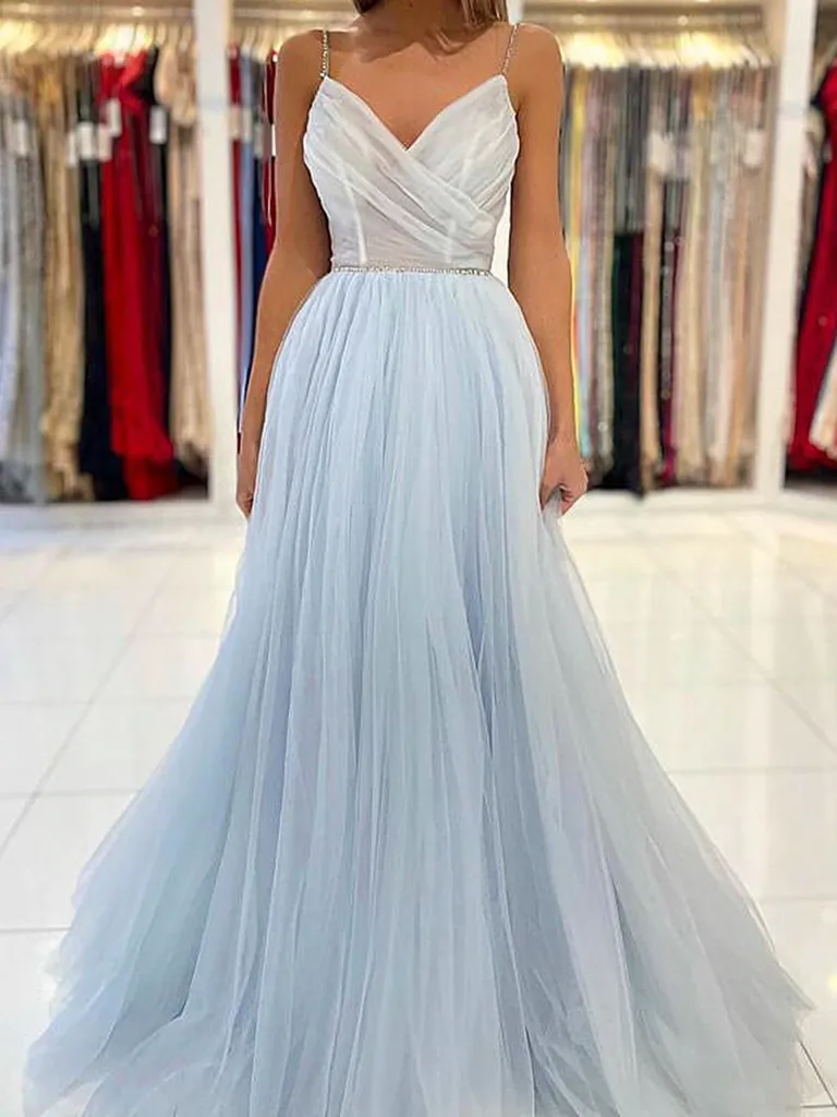 A Line V Neck Light Blue Tulle Long Prom Dresses, Backless Blue Tulle Long Formal Graduation Dresses