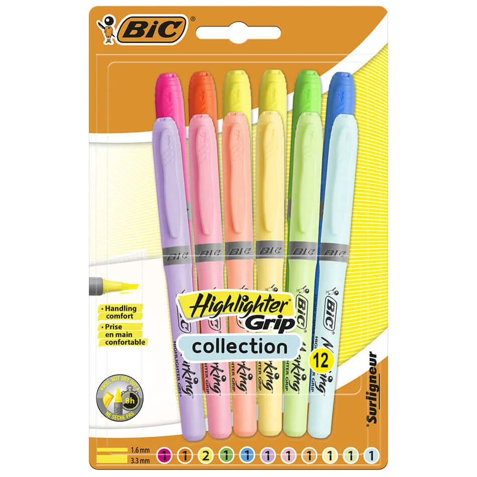 BIC Grip Highlighter Pastel Assorted Set of 12