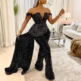 black sparkly jumpsuit for women african pant suit for weddings elegant bling 2021