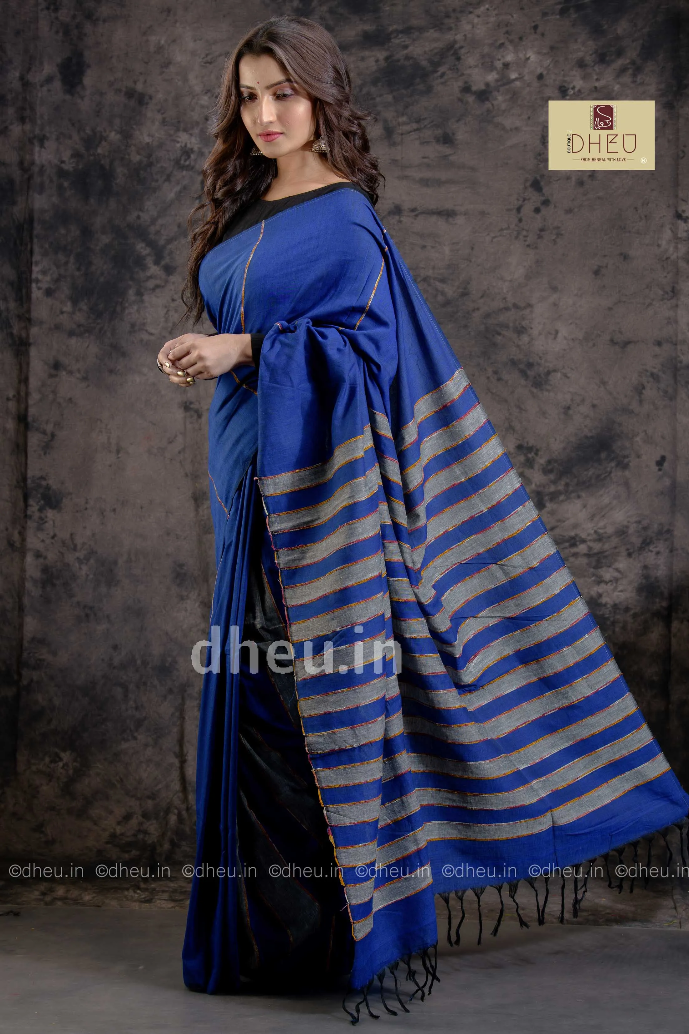 Bliussful Blue-Handloom Pure Cotton Saree-Kurta Couple Set