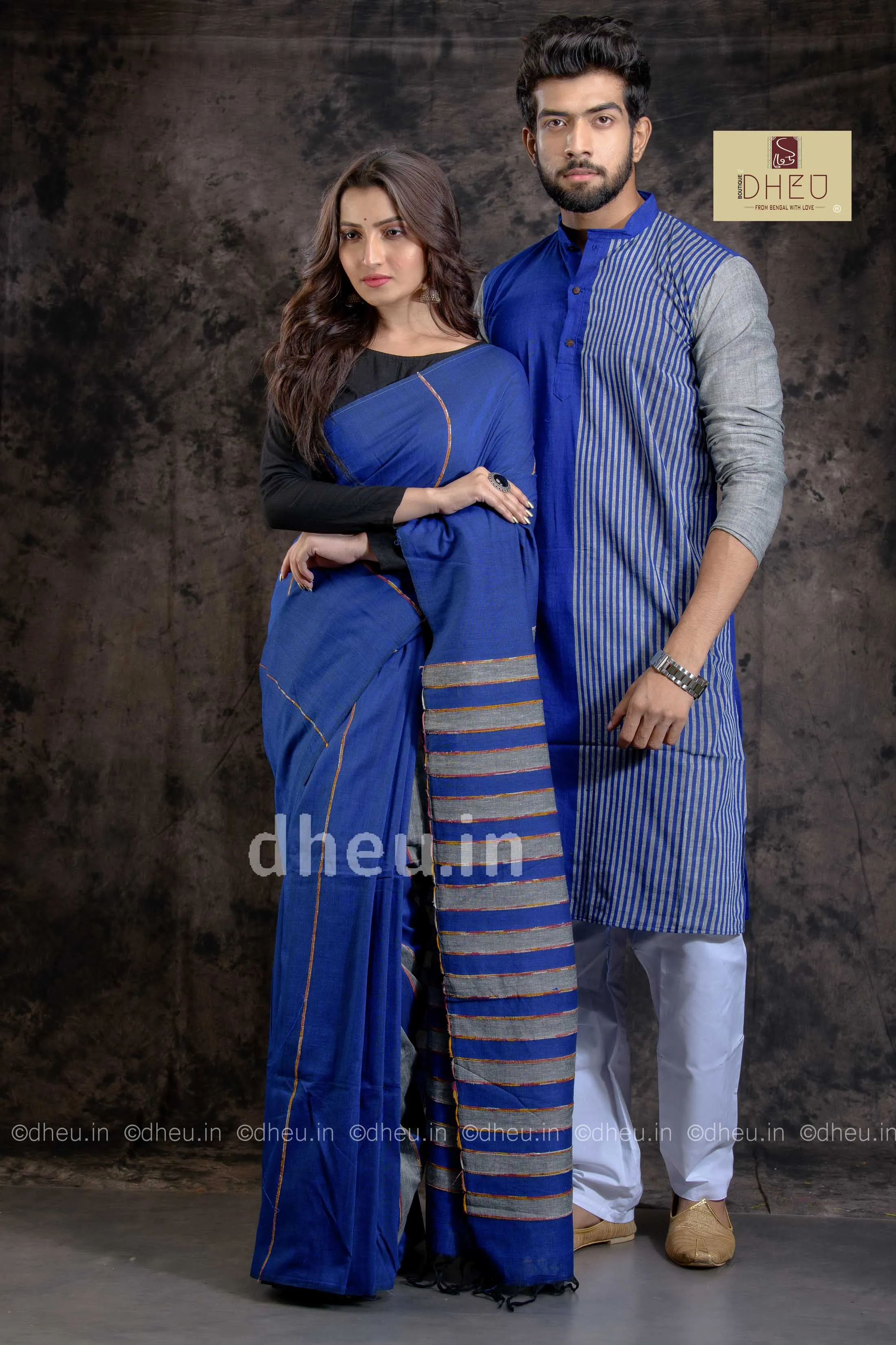 Bliussful Blue-Handloom Pure Cotton Saree-Kurta Couple Set