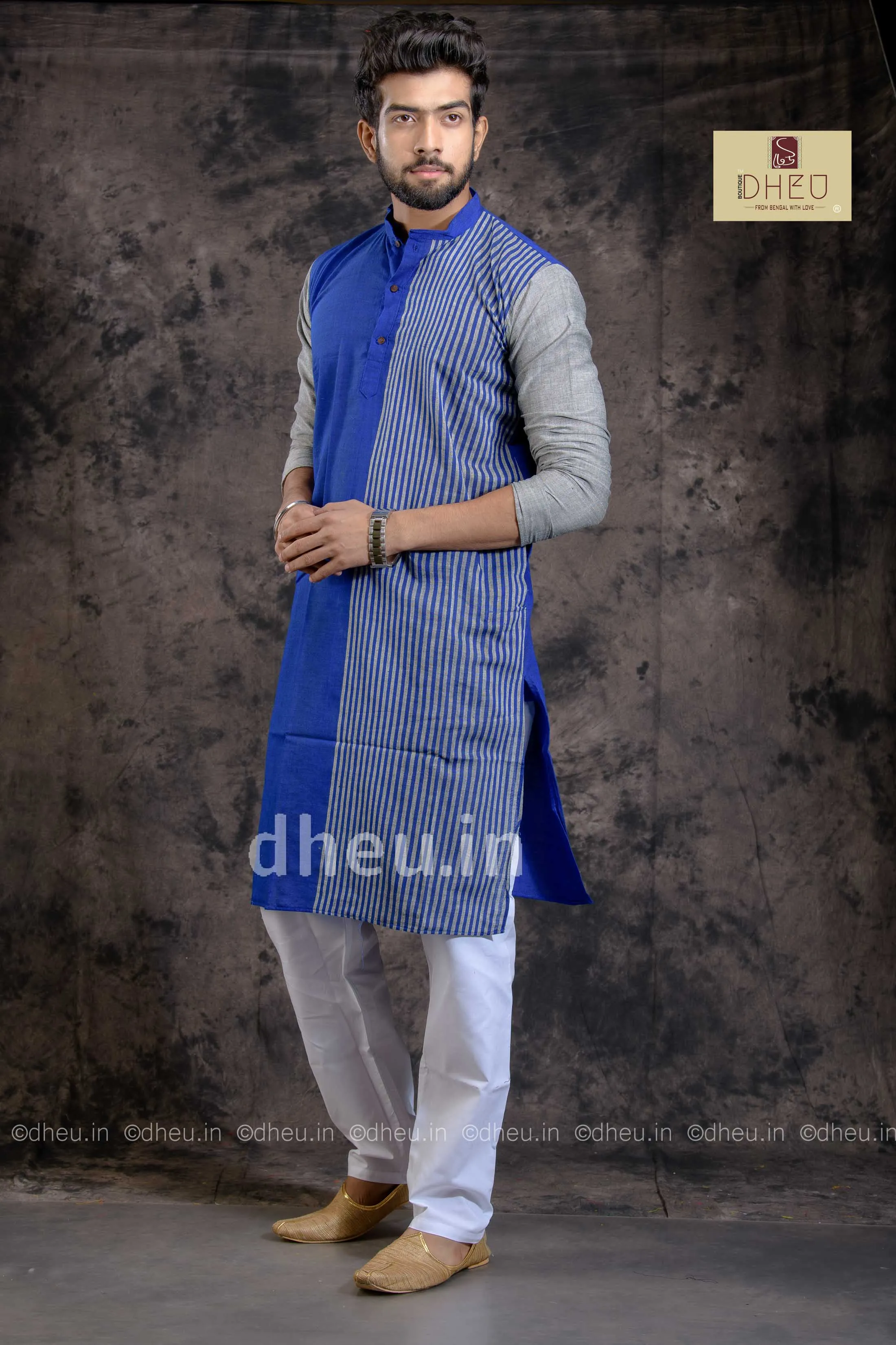 Bliussful Blue-Handloom Pure Cotton Saree-Kurta Couple Set