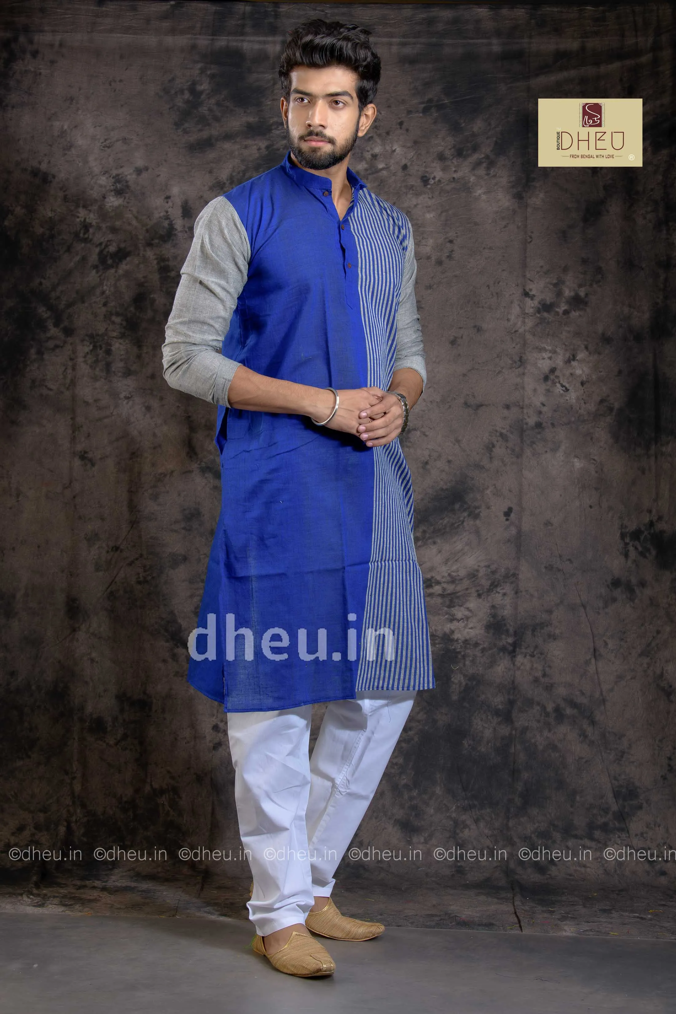 Bliussful Blue-Handloom Pure Cotton Saree-Kurta Couple Set