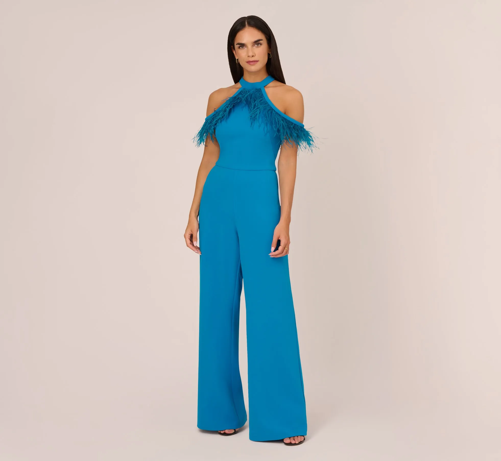 Cold Shoulder Stretch Crepe Jumpsuit With Feather Trim In Deep Cerulean