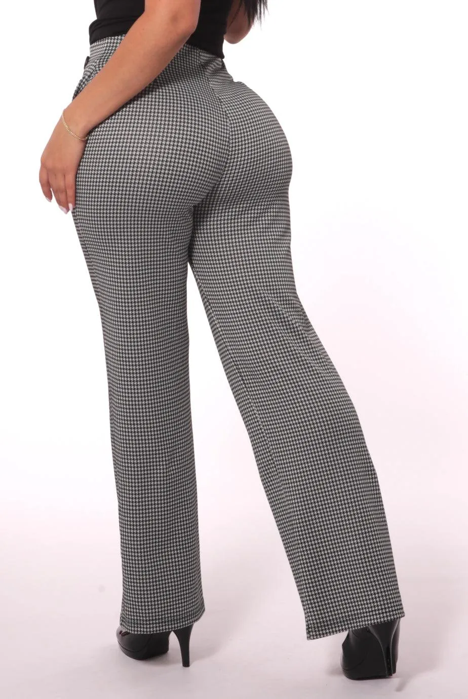 Cropped Straight Leg Pants With Button Waist Detail - Black, White Houndstooth