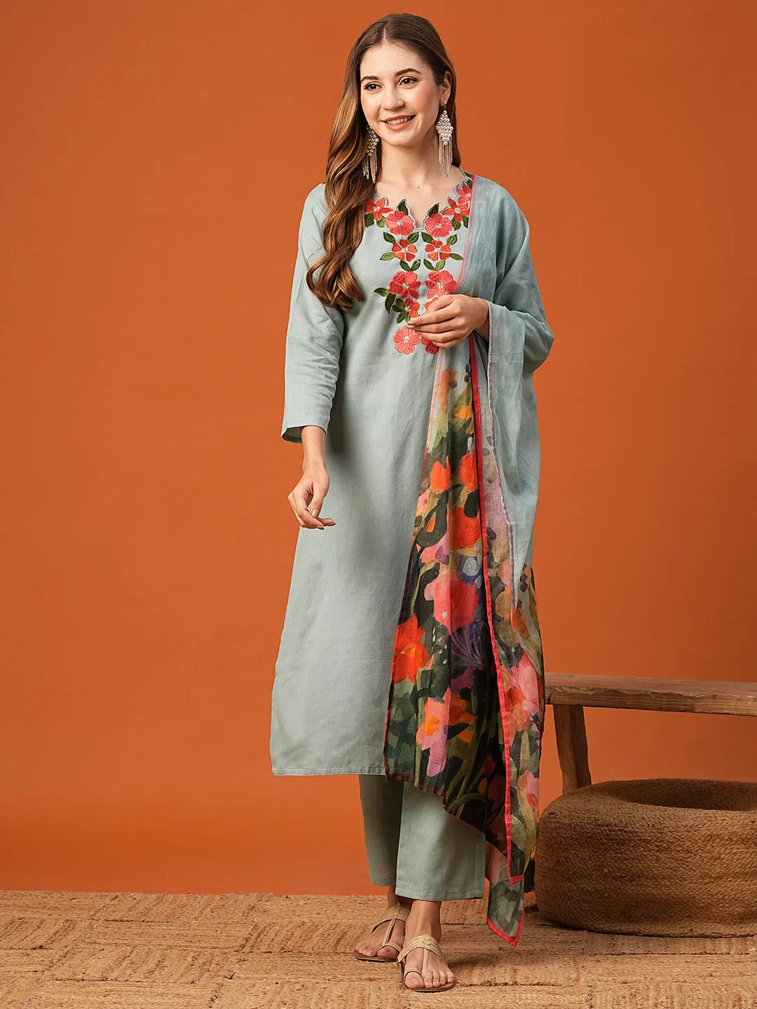 Cutwork Floral Embroidered Kurta with Pant & Pure Cotton Floral Dupatta - Powder Blue