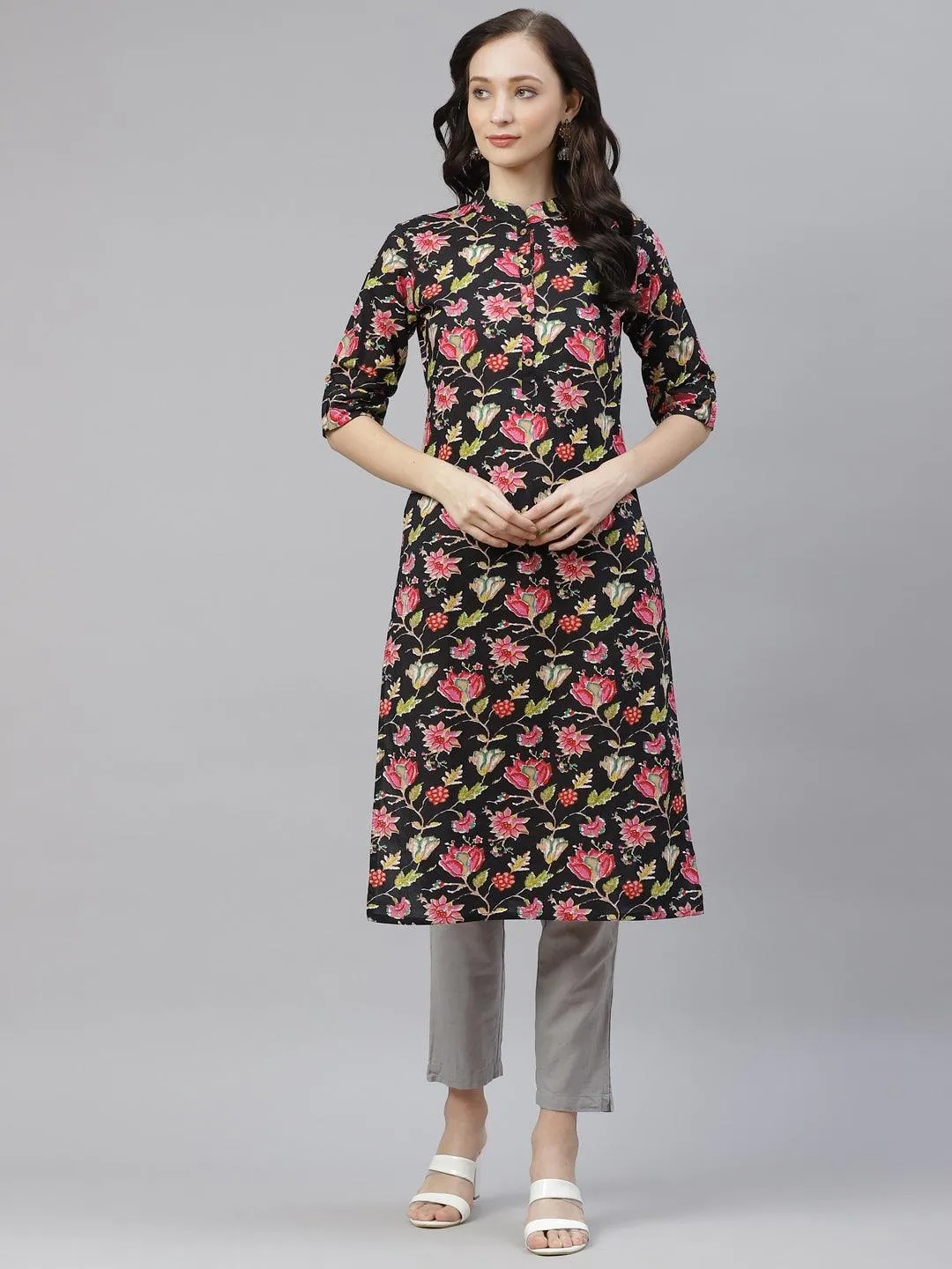 Divena Black Floral Cotton Straight Kurti