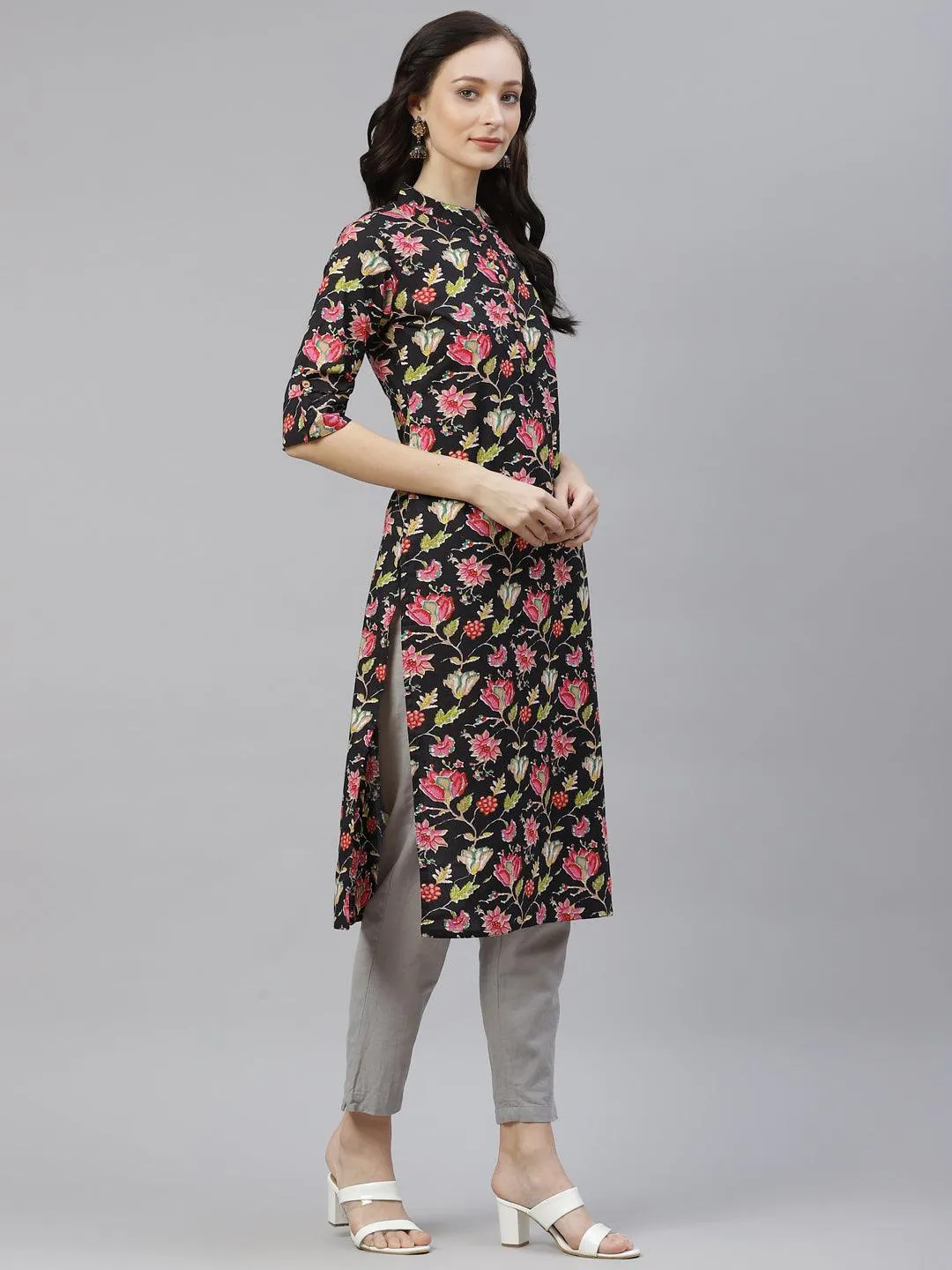 Divena Black Floral Cotton Straight Kurti