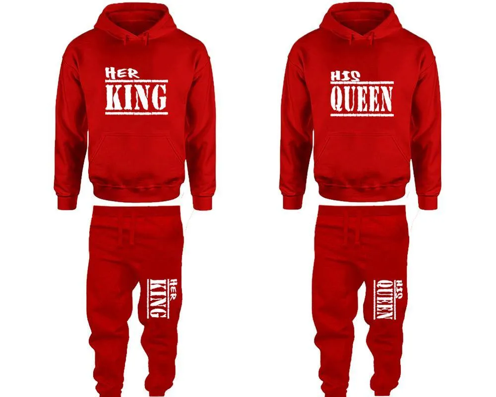 Her King His Queen Couple Pullover Hoodie and Jogger Pants, Matching Top Bottom Sets