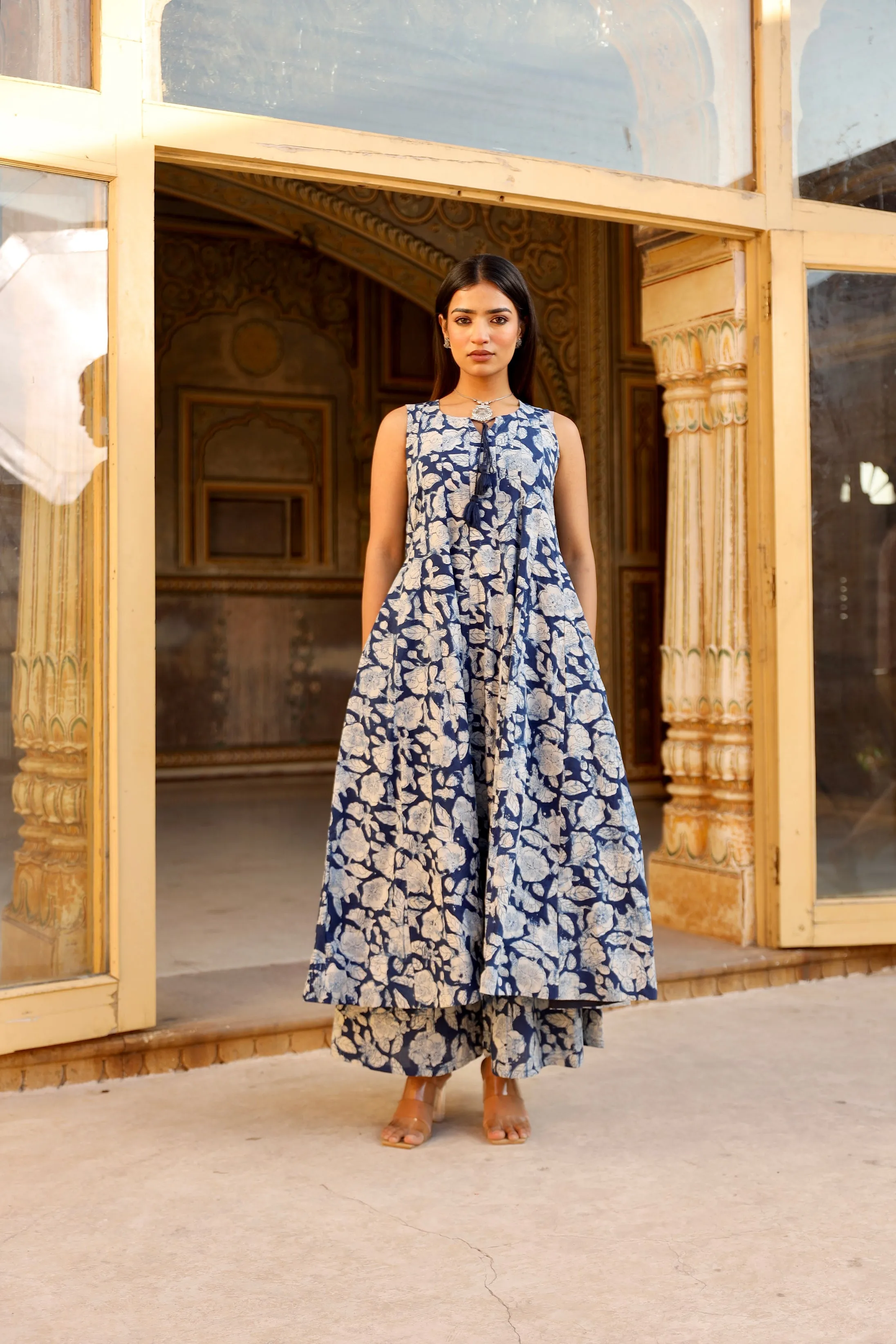 Indigo handblock cotton anarkali with kalidar pant