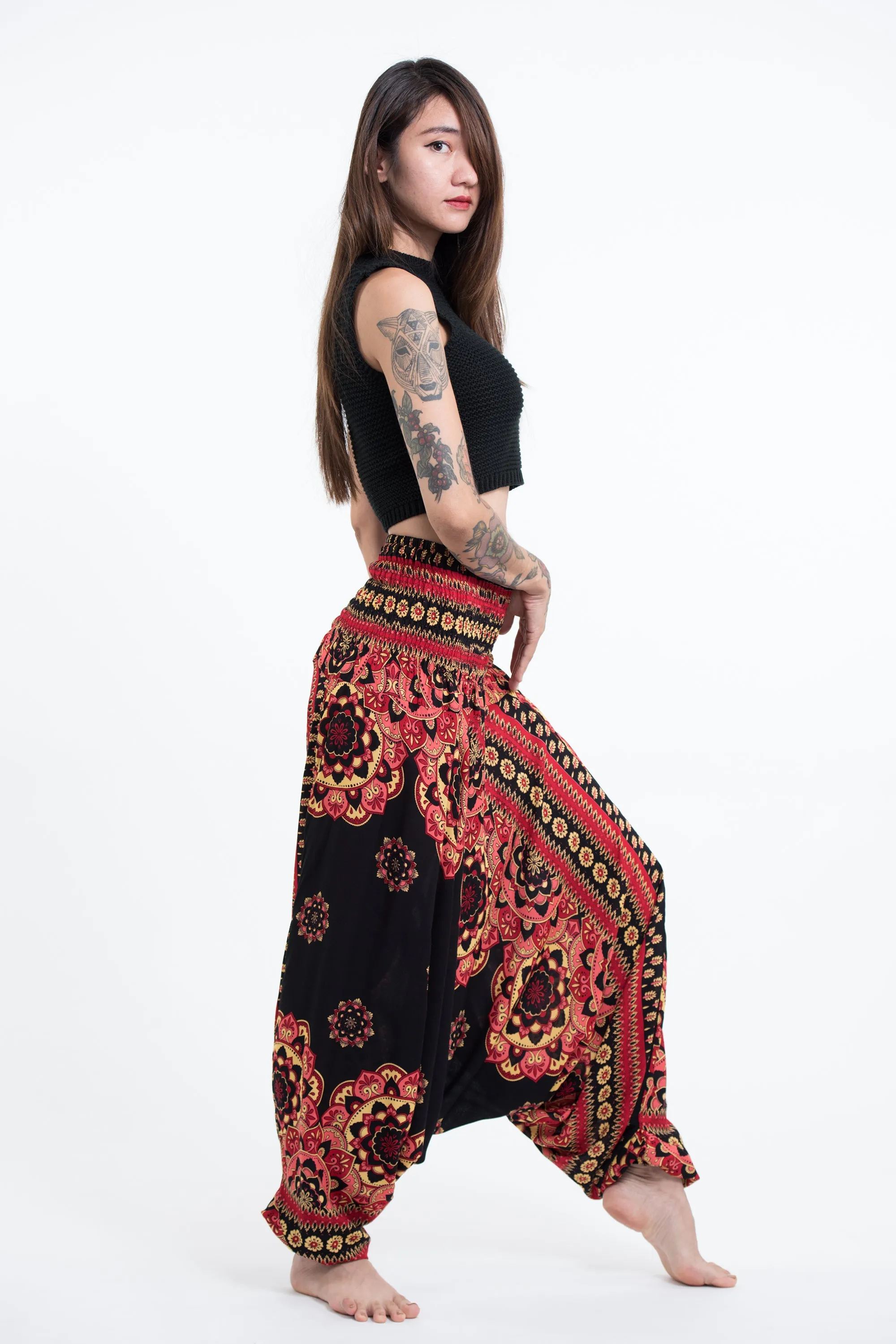 Lotus Mandalas 2-in-1 Jumpsuit Harem Pants in Black