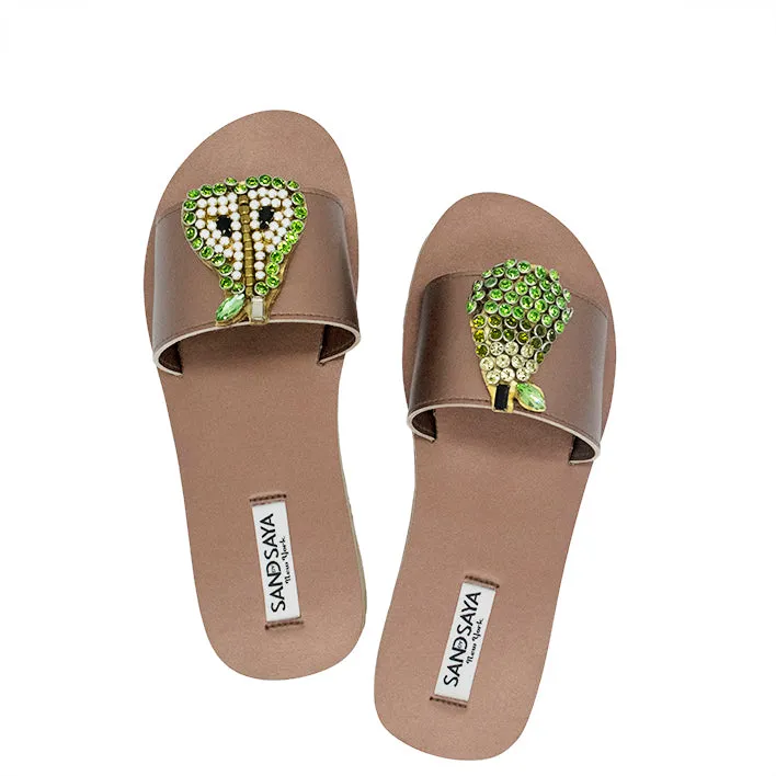 Pear- Green Crystal Fruits Embellished Waterproof Espadrille Flat for Women