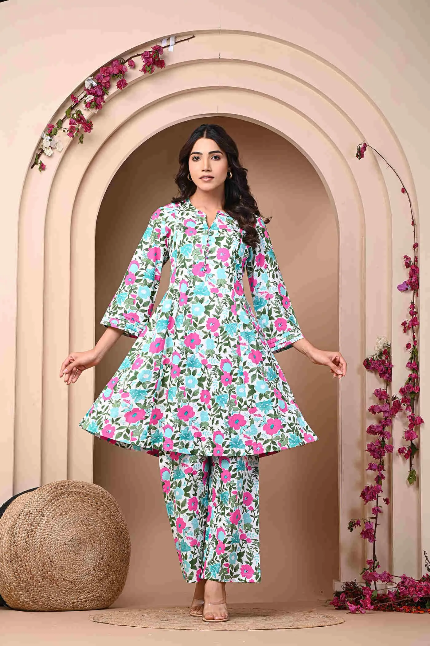 Pure Cotton Flower Print kurti Pant Set