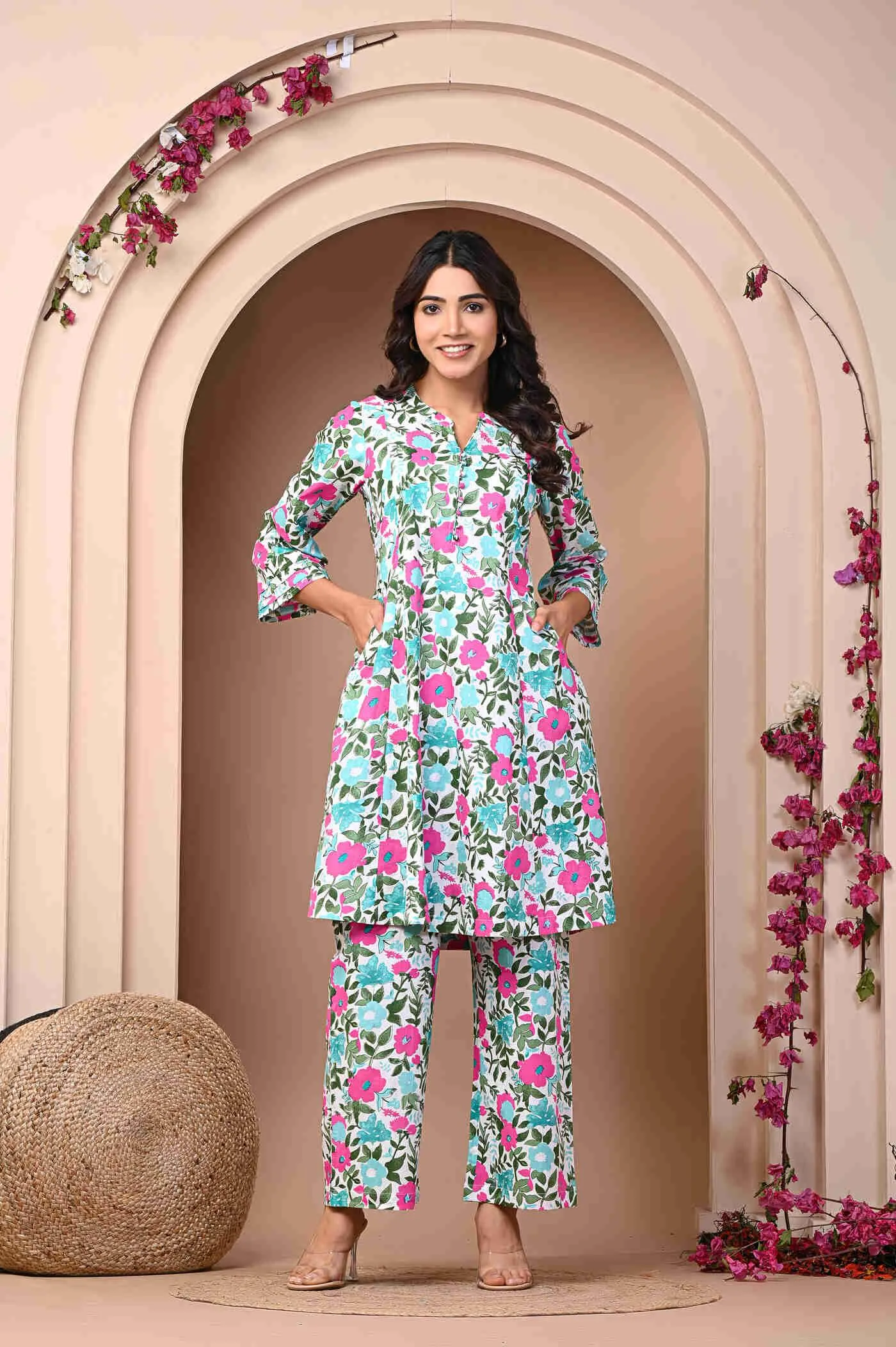 Pure Cotton Flower Print kurti Pant Set