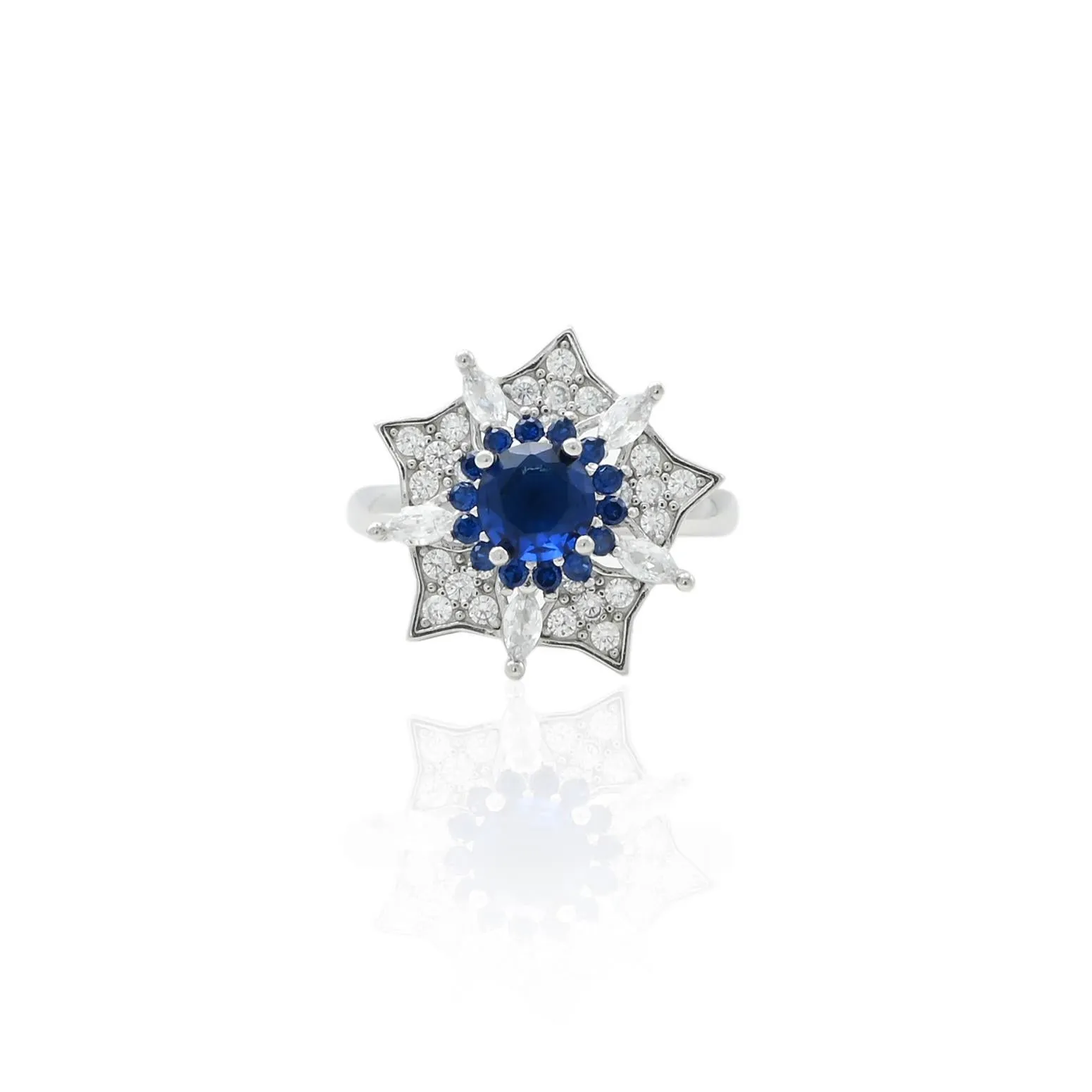 Silver Beautiful Blue Flower Floating Ring