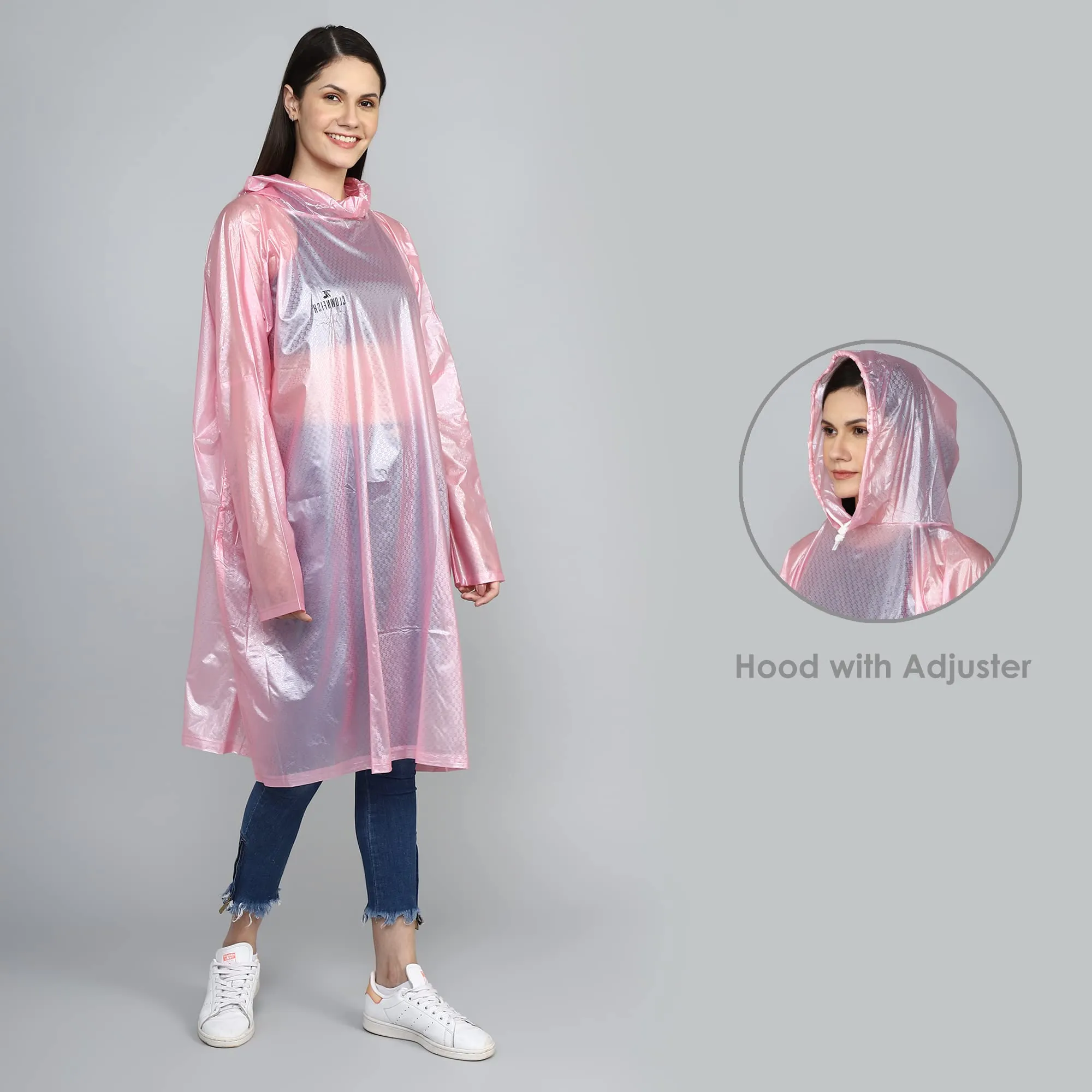 THE CLOWNFISH Avalon Series Womens Waterproof PVC Transparent Self Design Pullover Longcoat/Raincoat with Adjustable Hood (Pink, X-Large)