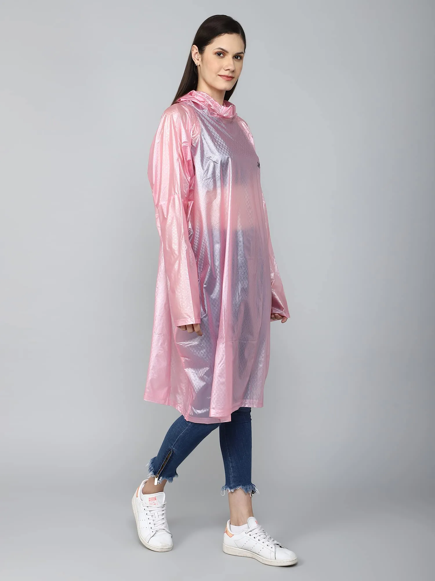 THE CLOWNFISH Avalon Series Womens Waterproof PVC Transparent Self Design Pullover Longcoat/Raincoat with Adjustable Hood (Pink, X-Large)