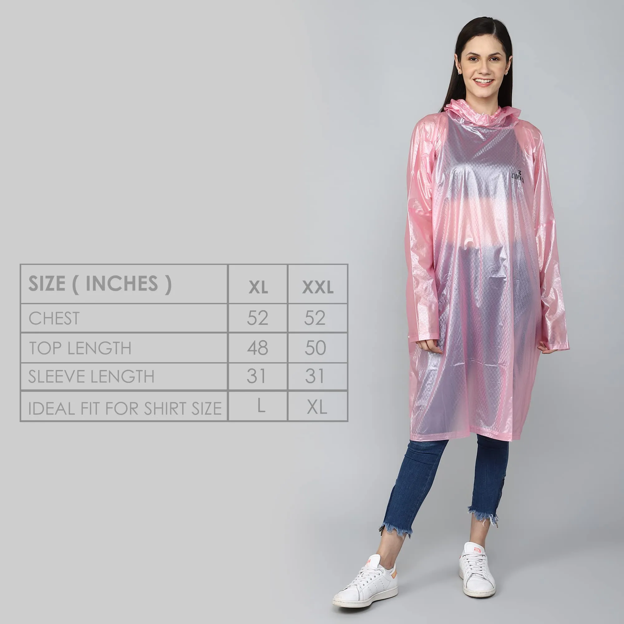 THE CLOWNFISH Avalon Series Womens Waterproof PVC Transparent Self Design Pullover Longcoat/Raincoat with Adjustable Hood (Pink, X-Large)