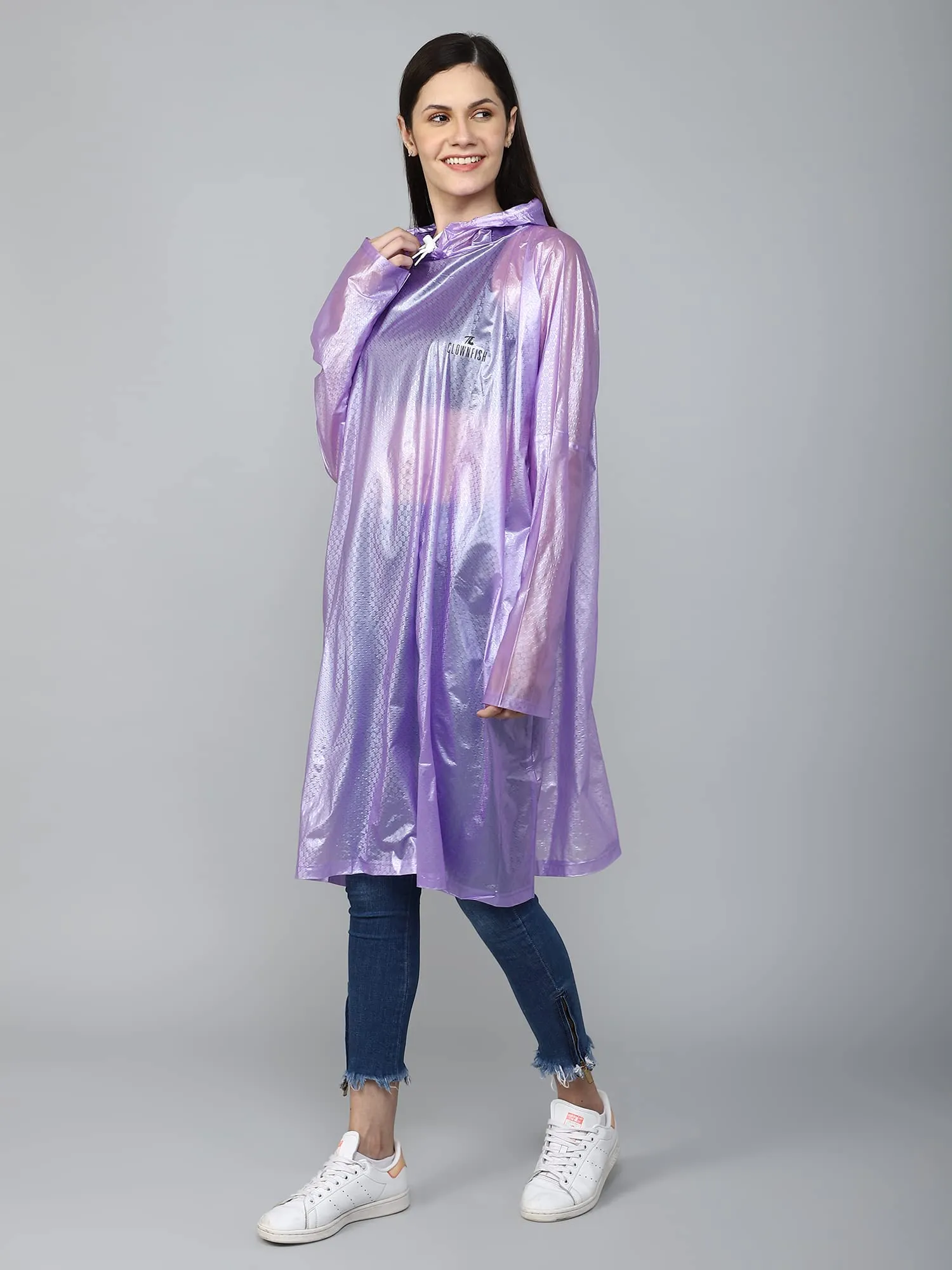 THE CLOWNFISH Avalon Series Womens Waterproof PVC Transparent Self Design Pullover Longcoat/Raincoat with Adjustable Hood (Purple, XX-Large)