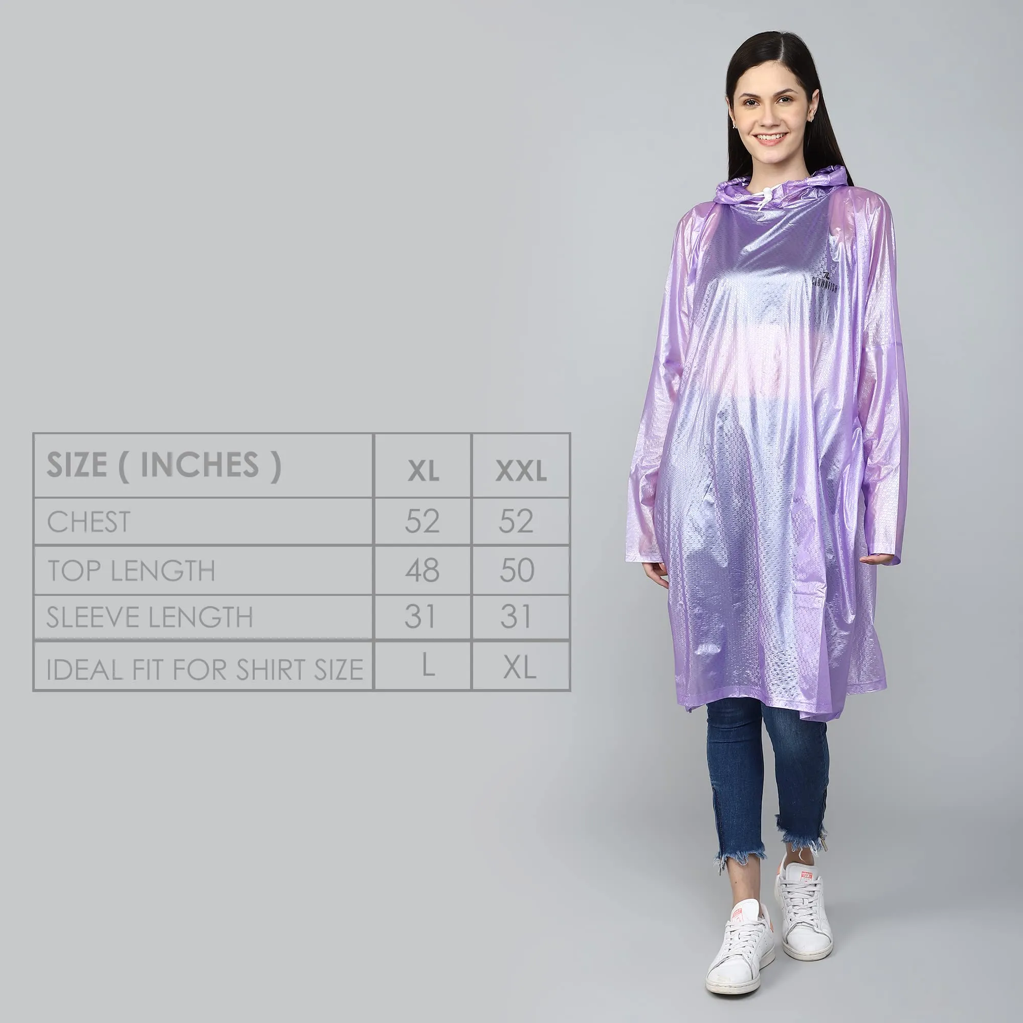 THE CLOWNFISH Avalon Series Womens Waterproof PVC Transparent Self Design Pullover Longcoat/Raincoat with Adjustable Hood (Purple, XX-Large)