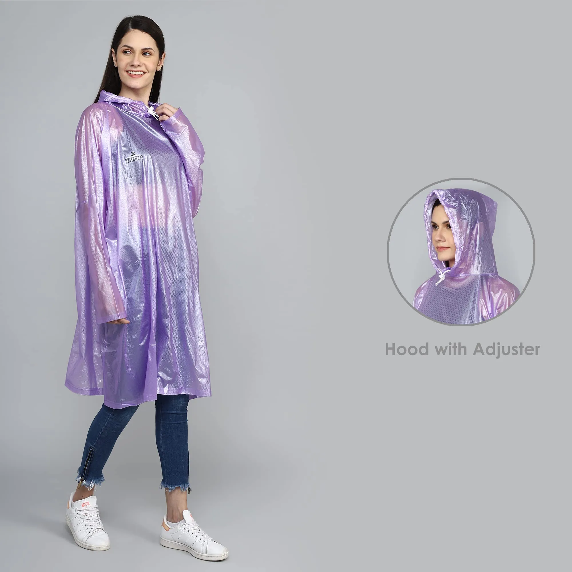 THE CLOWNFISH Avalon Series Womens Waterproof PVC Transparent Self Design Pullover Longcoat/Raincoat with Adjustable Hood (Purple, XX-Large)