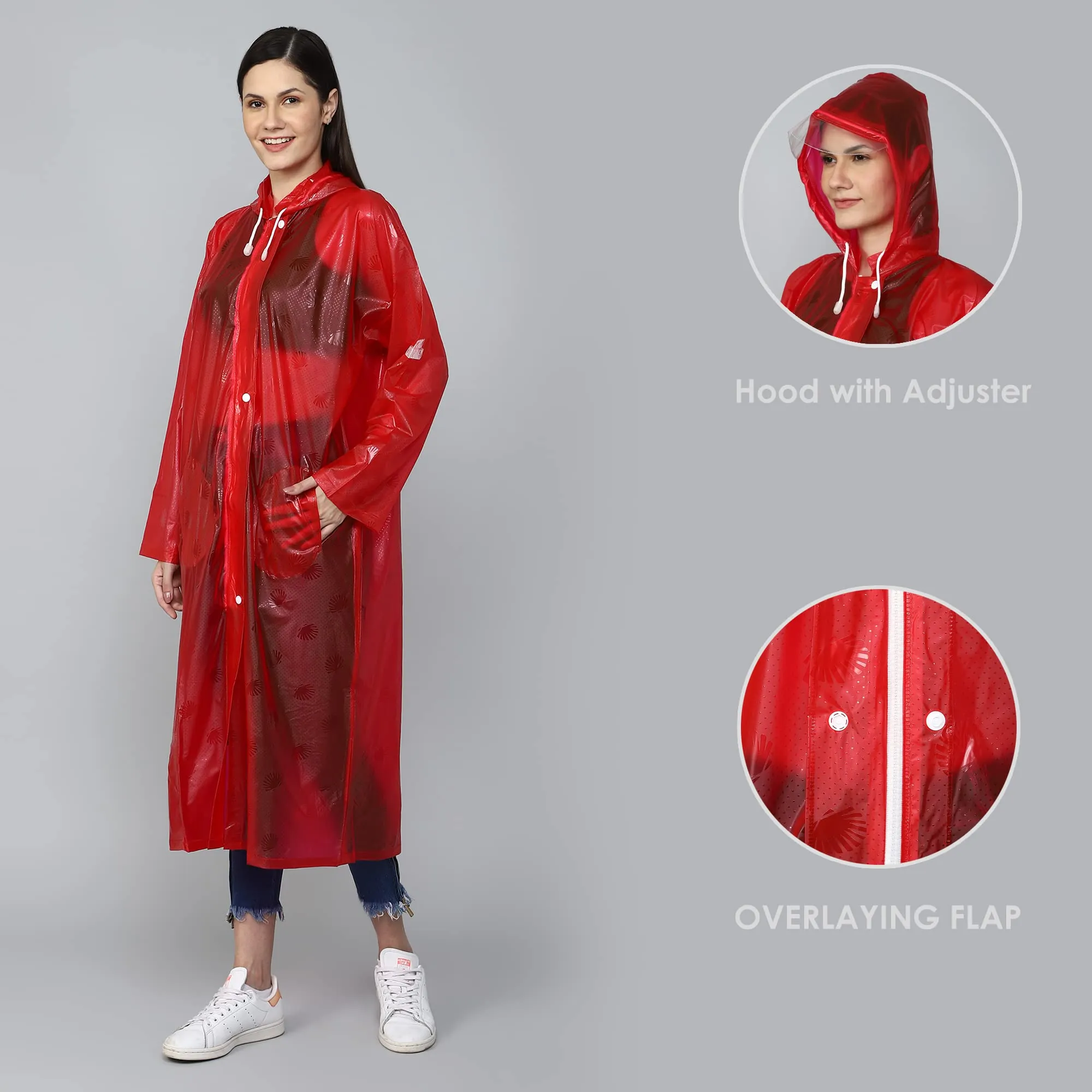 THE CLOWNFISH Cindrella Series Womens Waterproof PVC Self Design Longcoat/Raincoat with Adjustable Hood (Purple, X-Large)