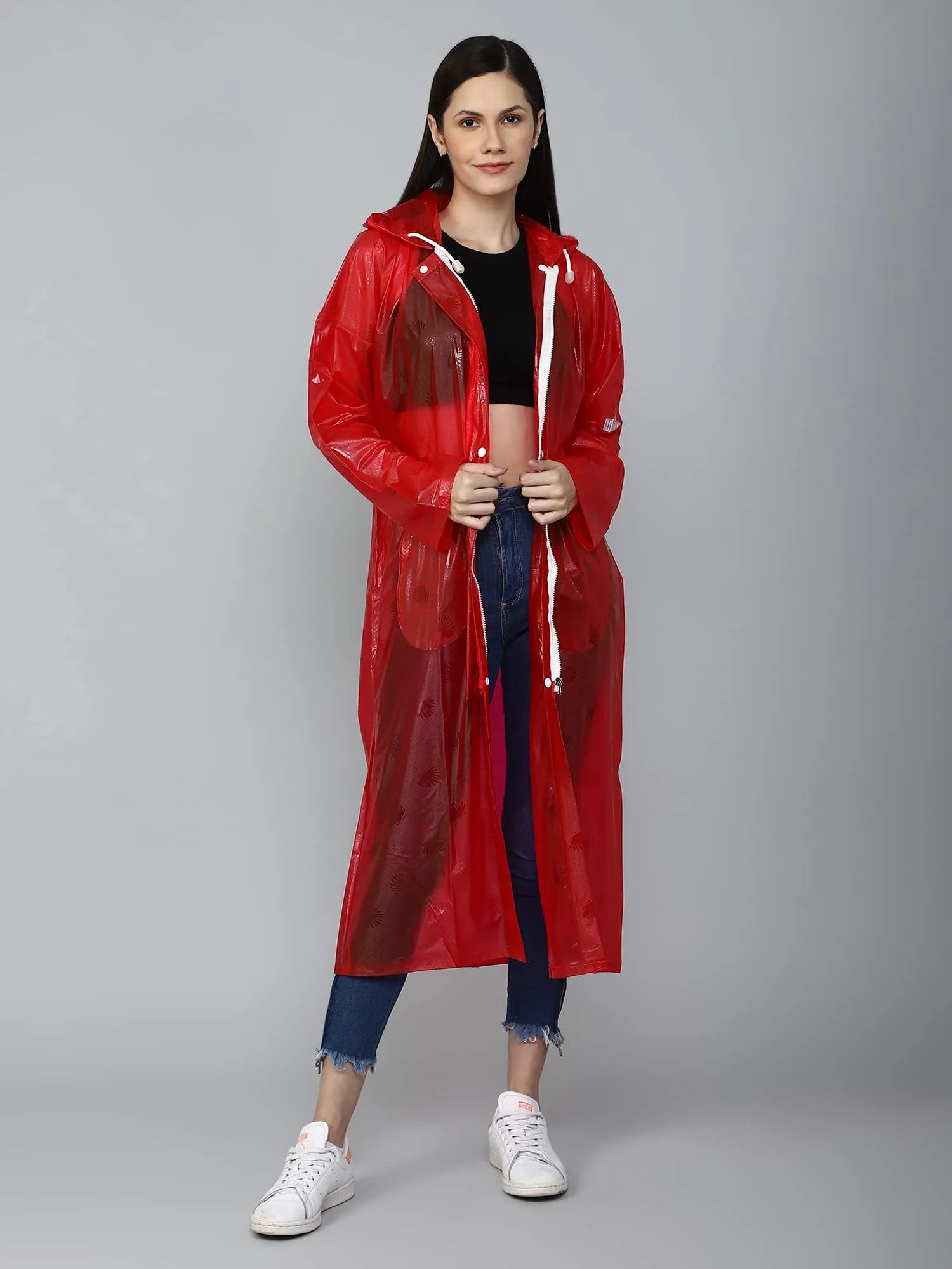 THE CLOWNFISH Cindrella Series Womens Waterproof PVC Self Design Longcoat/Raincoat with Adjustable Hood (Purple, X-Large)