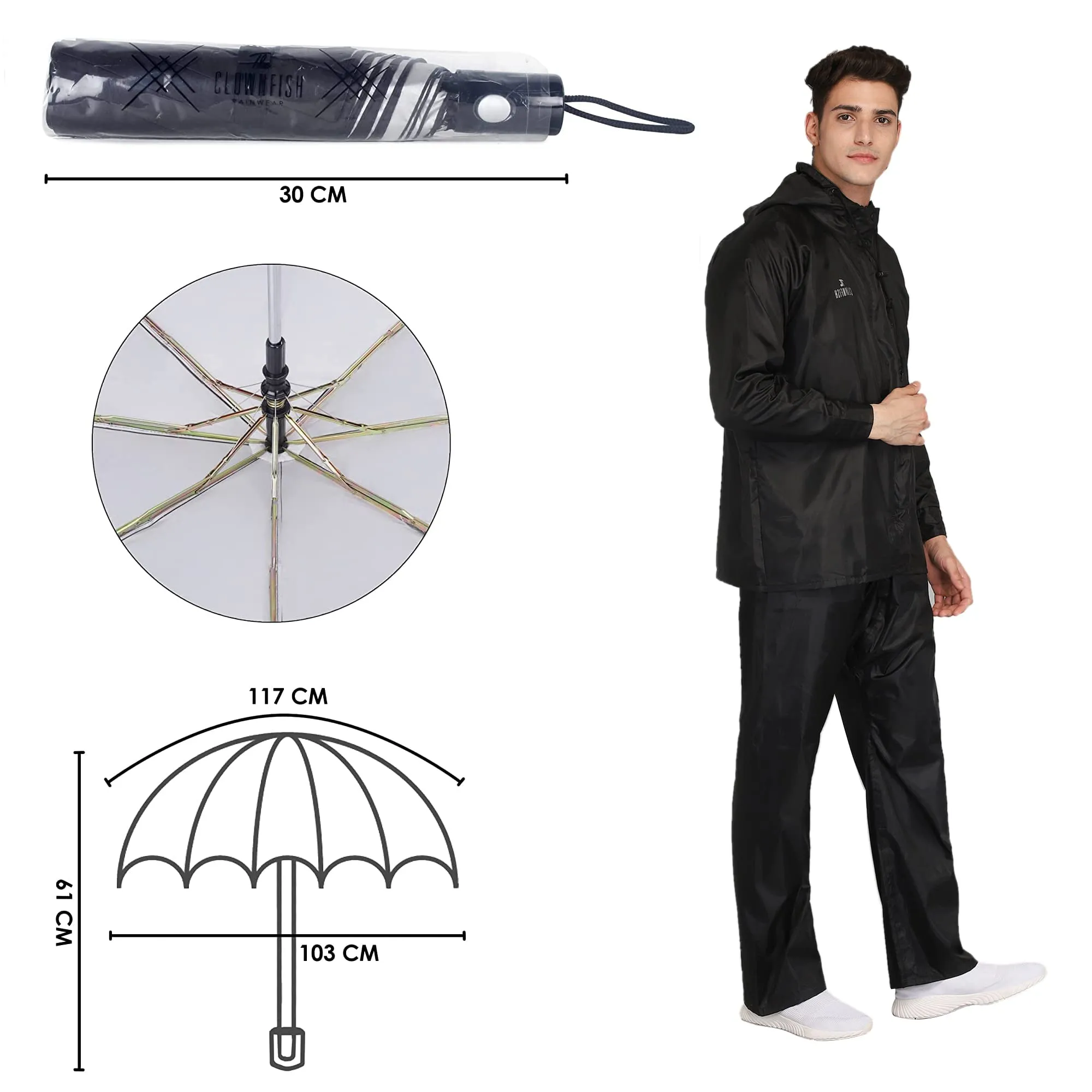 THE CLOWNFISH Combo Of Rain Coat for Men Waterproof Polyester (Black 4XL) Umbrella Savior Series 3 Fold Waterproof Polyester (Black)