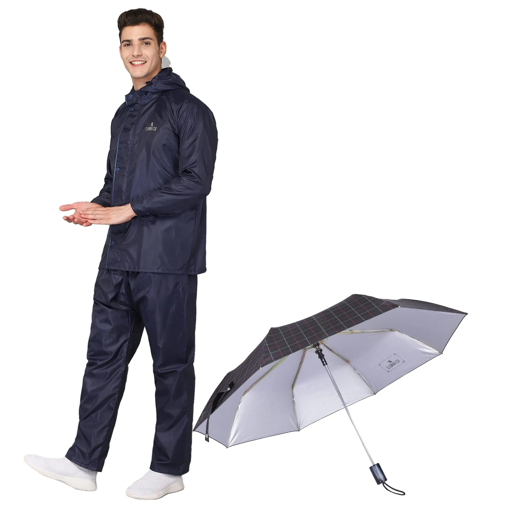 THE CLOWNFISH Combo Of Rain Coat for Men Waterproof Polyester (Blue 4XL) Umbrella 3 Fold Waterproof Pongee (Checks Design- Dark Pink)