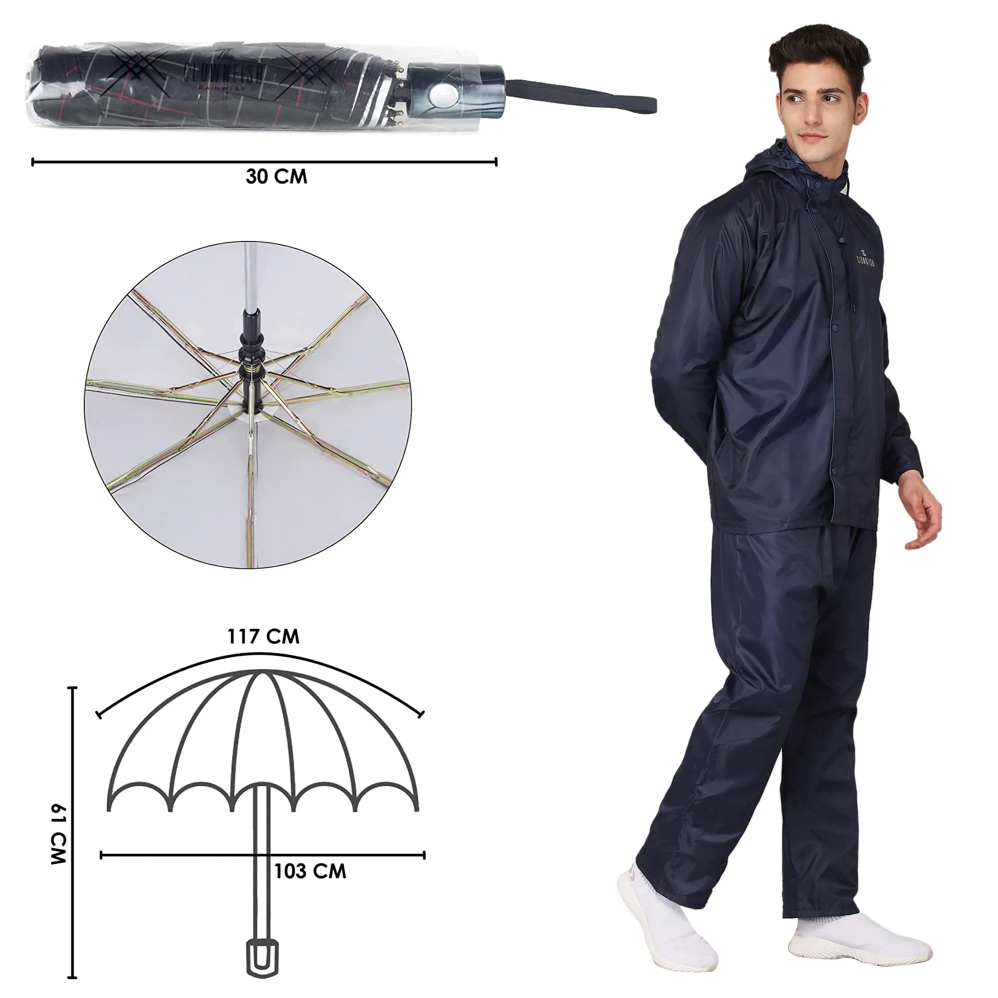 THE CLOWNFISH Combo Of Rain Coat for Men Waterproof Polyester (Blue 4XL) Umbrella 3 Fold Waterproof Pongee (Checks Design- Dark Pink)