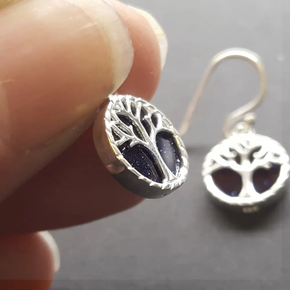 Tree Of Life Dangle Earrings, Blue Goldstone - Sterling Silver