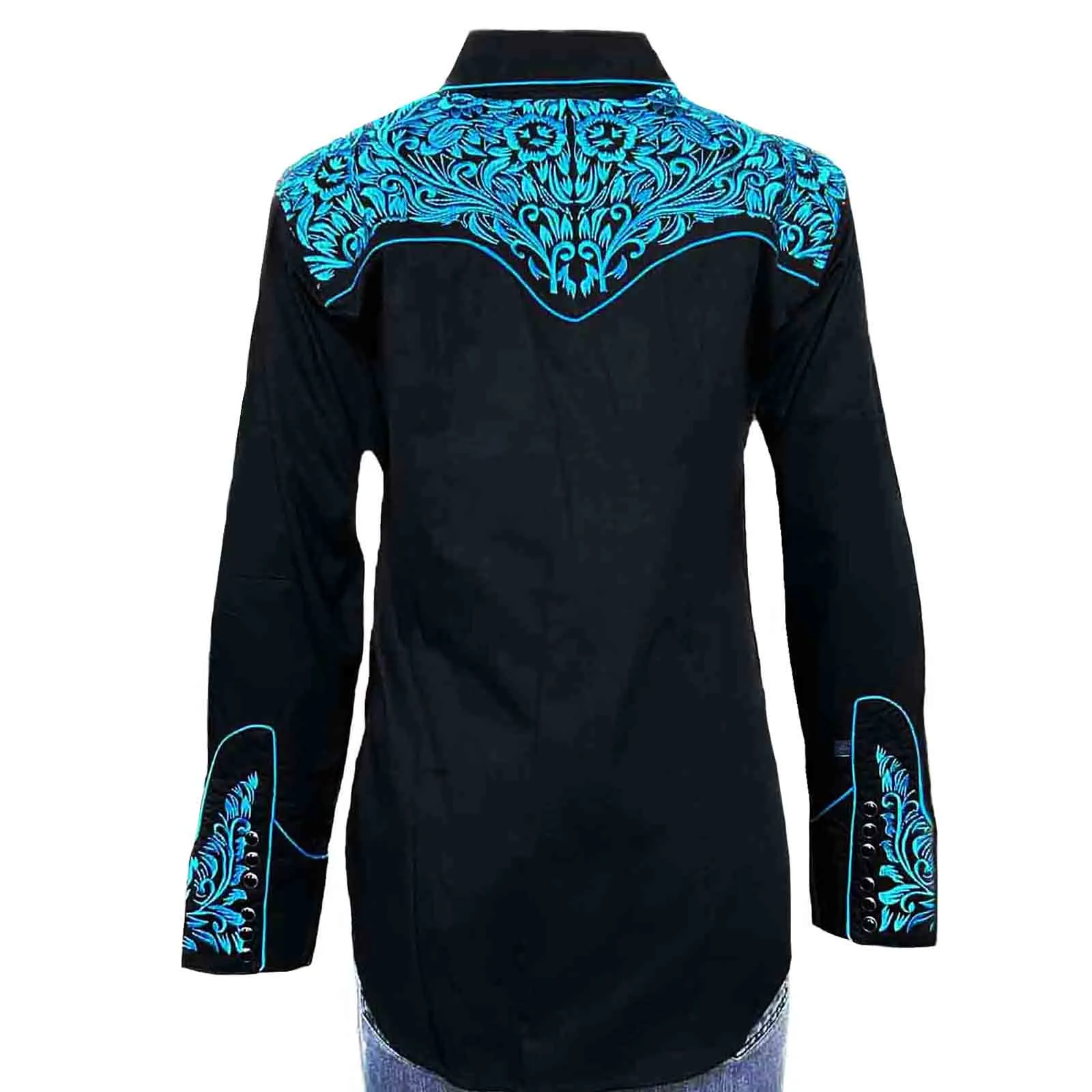 Women's Vintage Tooling Embroidery Black & Turquoise Western Shirt