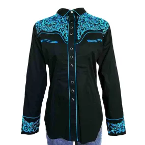 Women's Vintage Tooling Embroidery Black & Turquoise Western Shirt